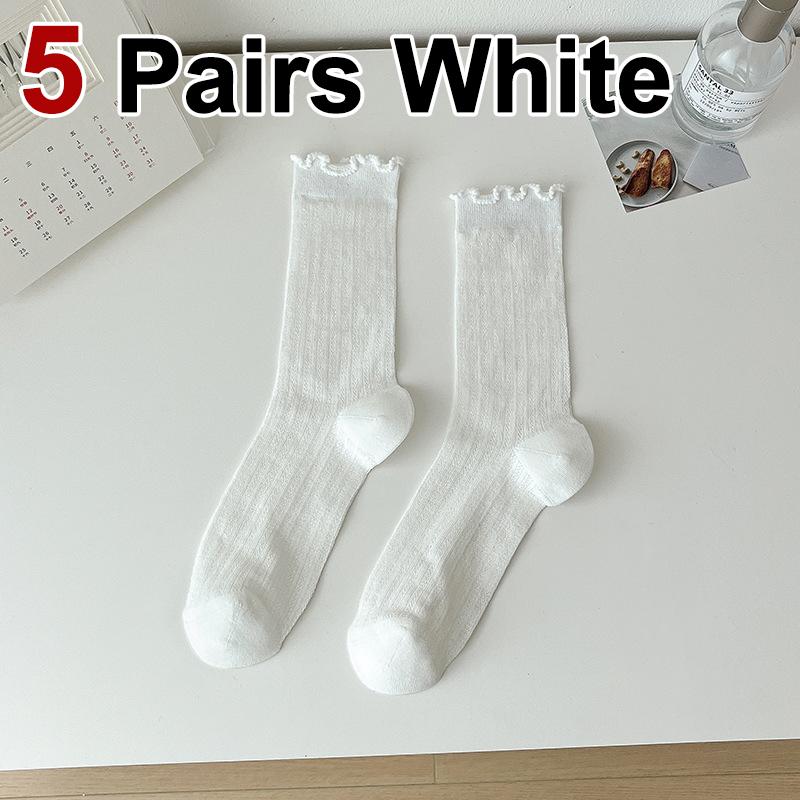 

5 пар женских однотонных сетчатых гольфов средней длины, летние легкие дышащие модные носки с волнистым краем в балетном стиле, повседневные носки One Size