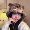 Winter Imitation Fur Hat Plush Bucket Hat Leopard Print Bear Ear Ruslan Baginsky Hat Thicken Woman Bonnet Ski Cap Fisherman Hats