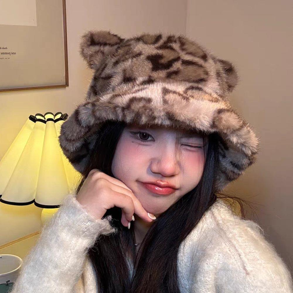 Winter Imitation Fur Hat Plush Bucket Hat Leopard Print Bear Ear Ruslan Baginsky Hat Thicken Woman Bonnet Ski Cap Fisherman Hats