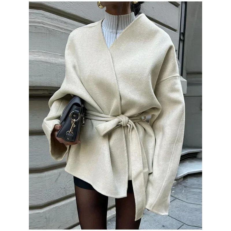 Fashion Solid Color Lace Up Women's Fur Jacket Belt Elegant V-neck Long Sleeved Jacket Autumn and Winter Women's Street Jacket