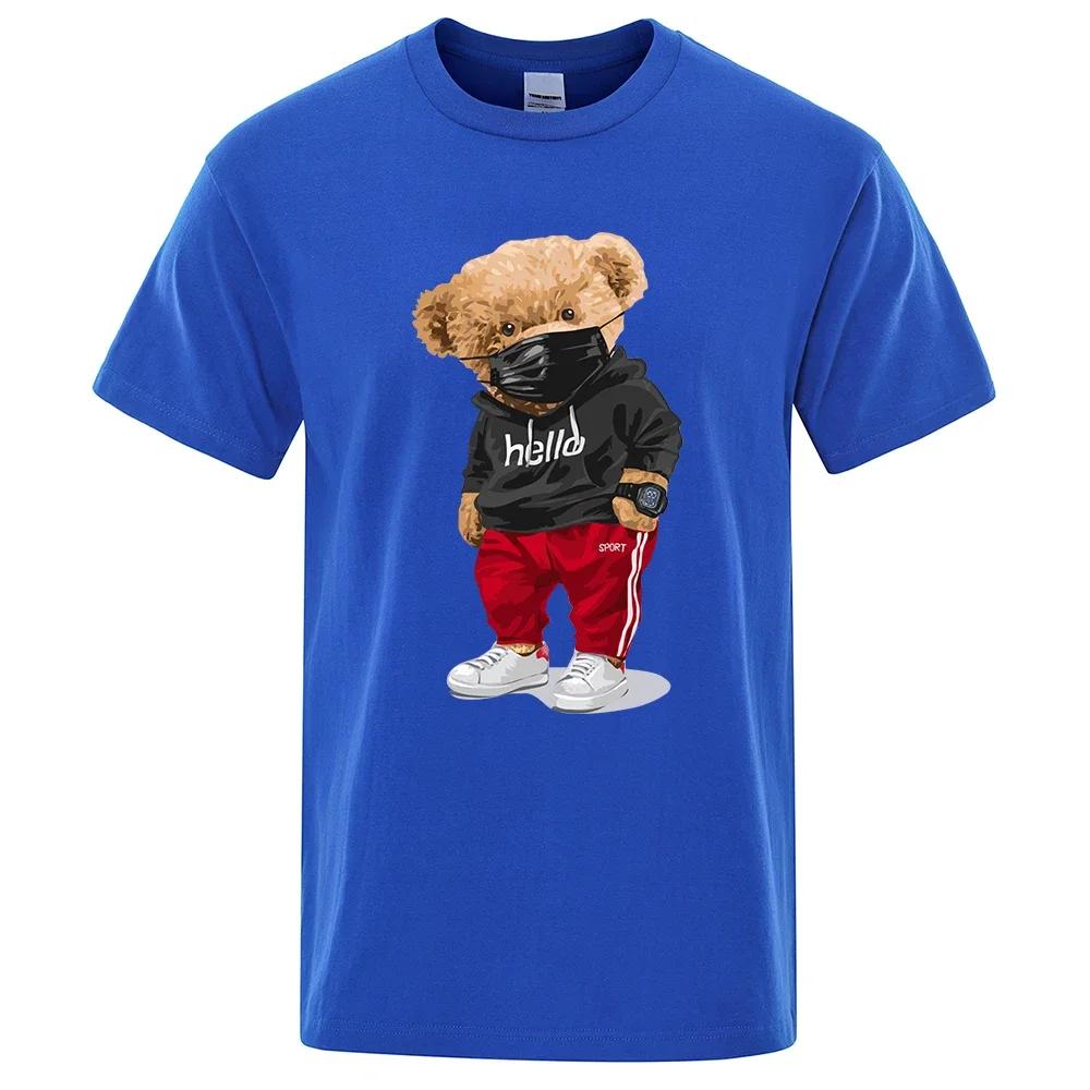 100% Cotton Sports Mask Bear Print Short-sleeved T-shirt Male Half-sleeved Summer Casual Oversized T-shirt Men  Harajuku