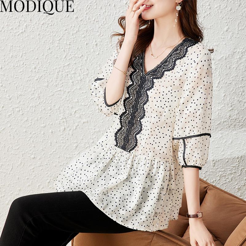MODIQUE Summer Plus Size Summer Women T-Shirt Casual Loose V-Neck Lace Cotton Linen Tees Short Sleeve Elegant Lady Big Size