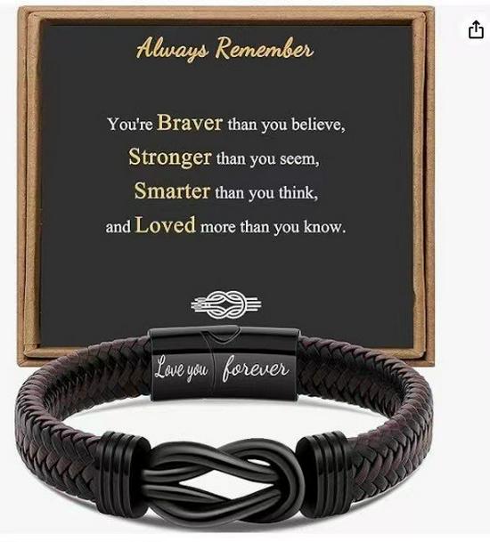 Men's Magnetic Black Twist Stainless Steel and Woven Leather Bracelet