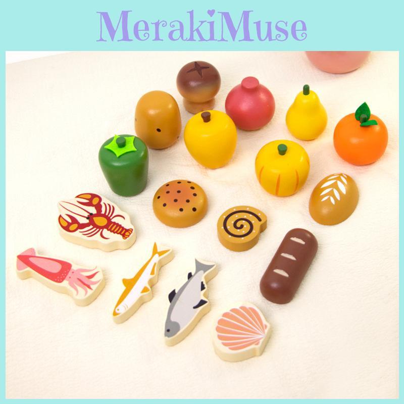 Wooden Pretend Play Kitchen Toy Set With Fruits Vegetables And Bread For Kids Learning