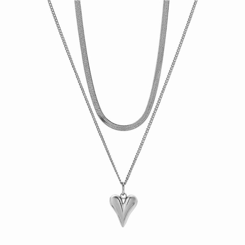 Double Layered Love Heart Pendant Necklace for Women Simple Necklace Chain Jewelry Wholesale