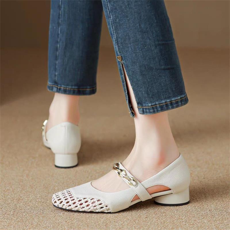 French Square Head Women's Single Shoes Elegant Square Head Word Sandals 2025 Summer Temperament Fashionable Hollow Breathable Women's Shoes