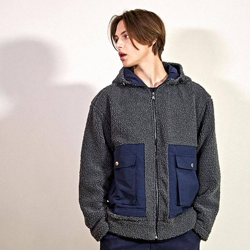 Customus Large 3D Pocket Contrast Sherpa Fleece Zip-Up Padded Hoodie Cts22Wkhjb49 Gry