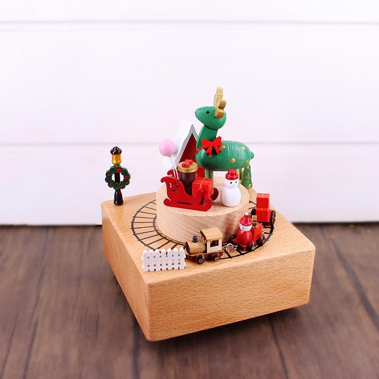 Christmas Themed Rotary Music Box-Handmade Wooden Carousel Clockwork Driven Play Melody Perfect Gift for Kids friend Home Decor