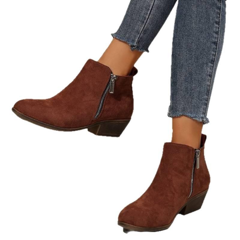Coarse-heeled short boots, new European and American large-size pointed-toe side zipper polished retro Martin boots in autumn and winter