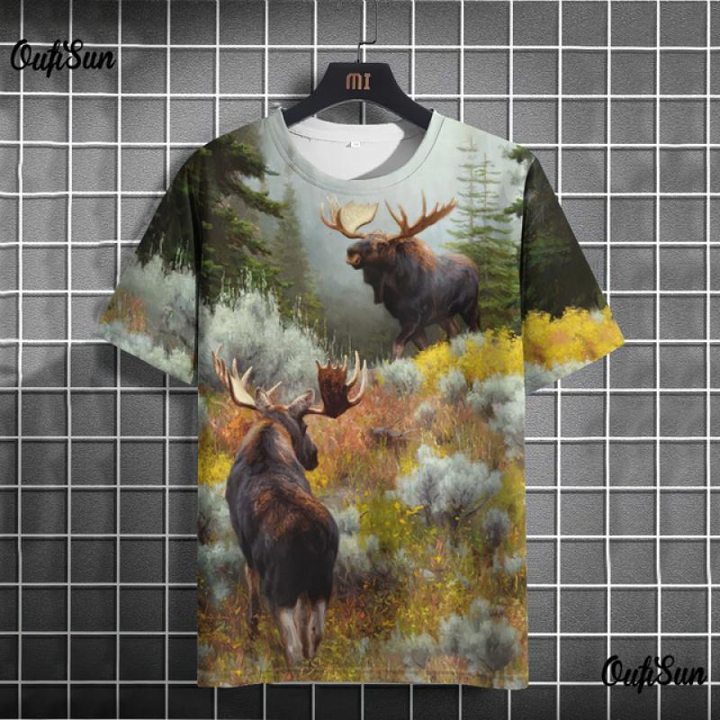 3d Animal Print Men's T-Shirt Deer Pattern Tops Fashion Street Short Sleeve Crew Neck Pullover Oversized Men's Clothing