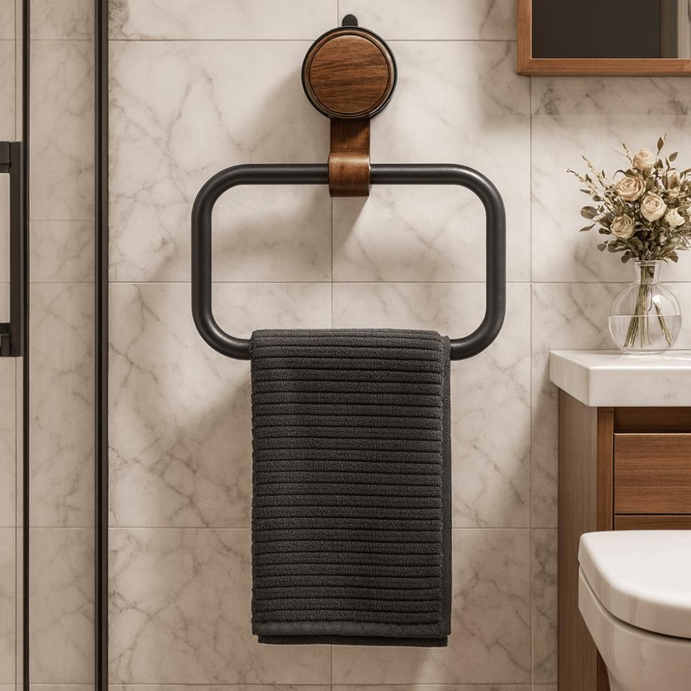 Aluminum Alloy Walnut Wood Towel Holder No Drilling Medieval Style Towel Hanging Rack Rotatable Wall-Mounted Bathroom Towel Ring
