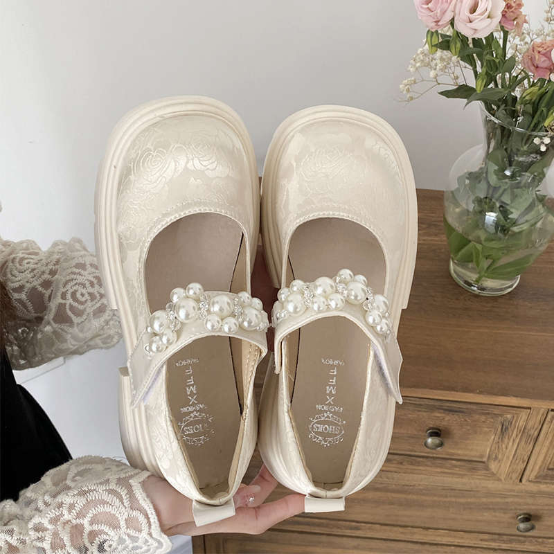 

Platform Mary Jane shoes small leather shoes women s spring new pearl high heels national style Chinese style with skirt single shoes 40 бежевый