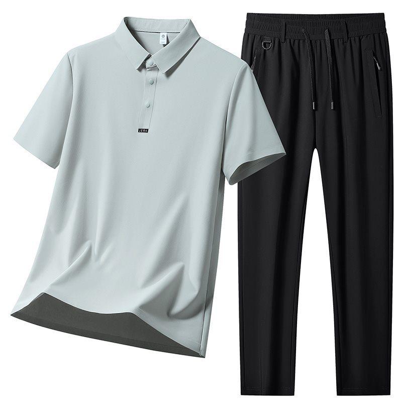Men's Polo Short Sleeve & Long Pants Set: Summer Breathable, Elastic, Cool Touch Casual Sportswear.