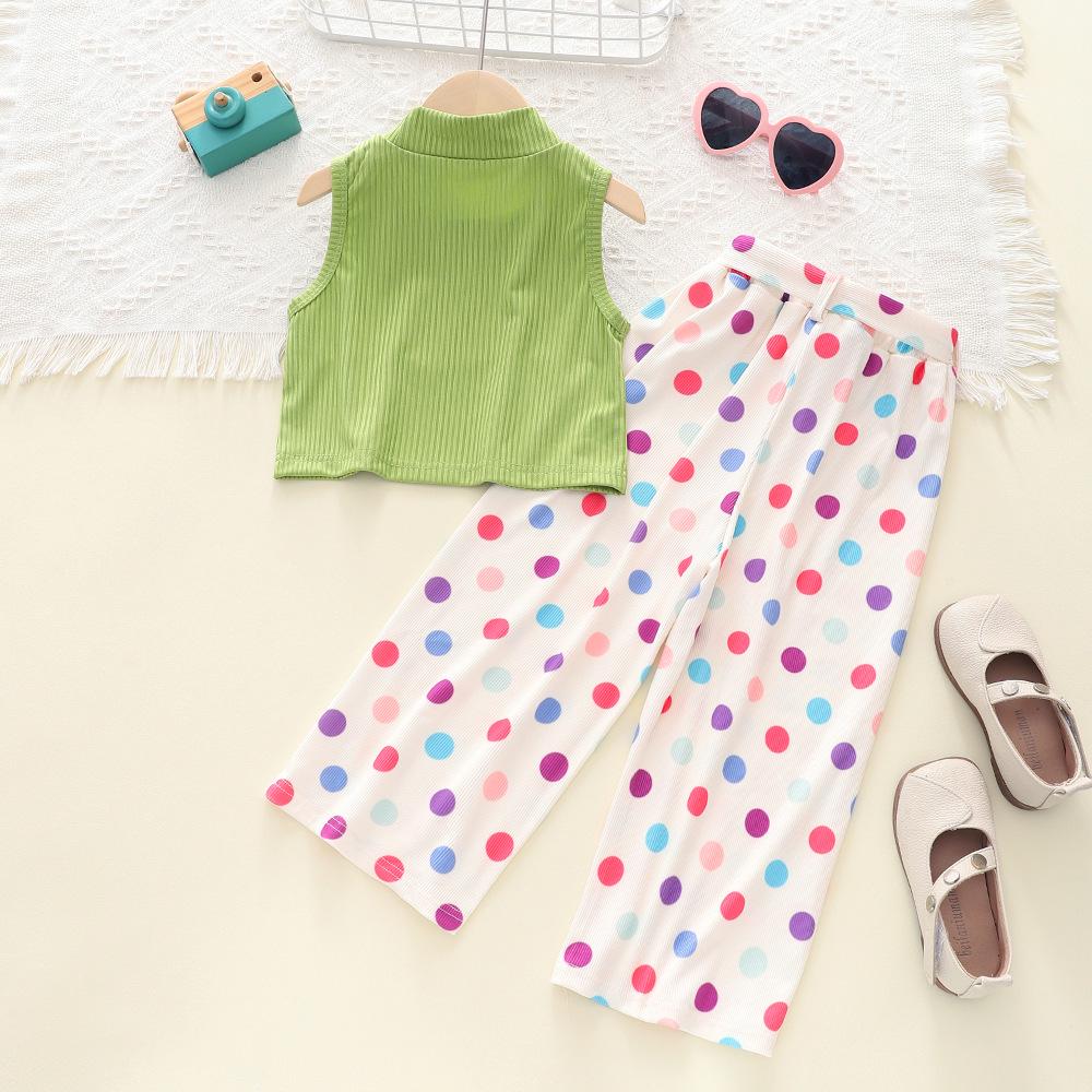 Hong Kong Style Girls' Polka Dot Straight-Leg Pants & Sleeveless Crop Top Set