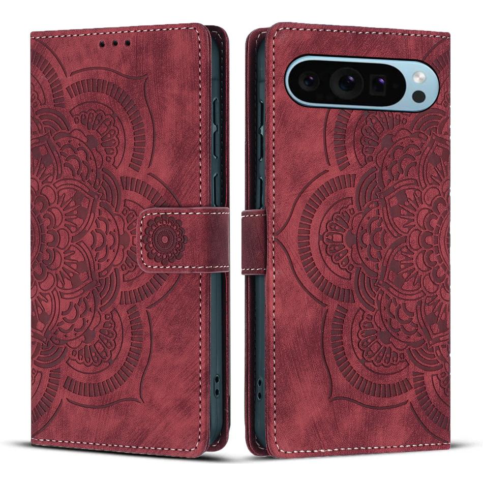 

For Google Pixel 9 Pro Leather Case WANLONFENG HDM Series Mandala Imprint Wallet Stand Phone Cover Wine Red