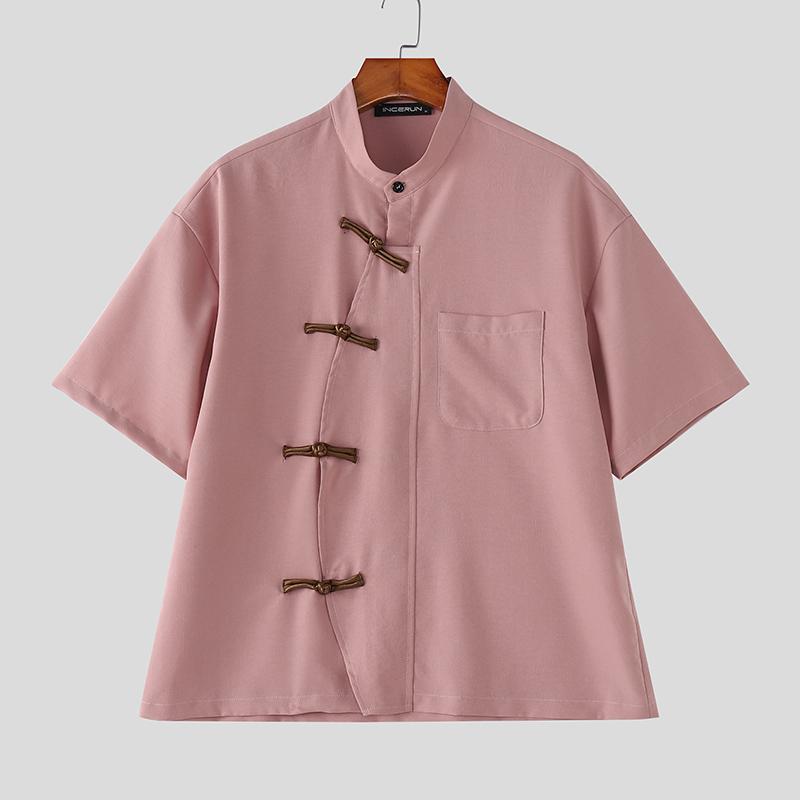 INCERUN Oversized Men Summer Short Sleeve Side Buttons Casual Vintage Tops Shirts