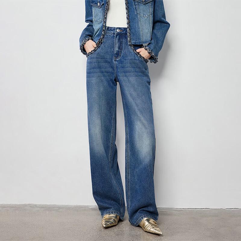 Chuyu Woven Trim Straight Wide-Leg Jeans for Women