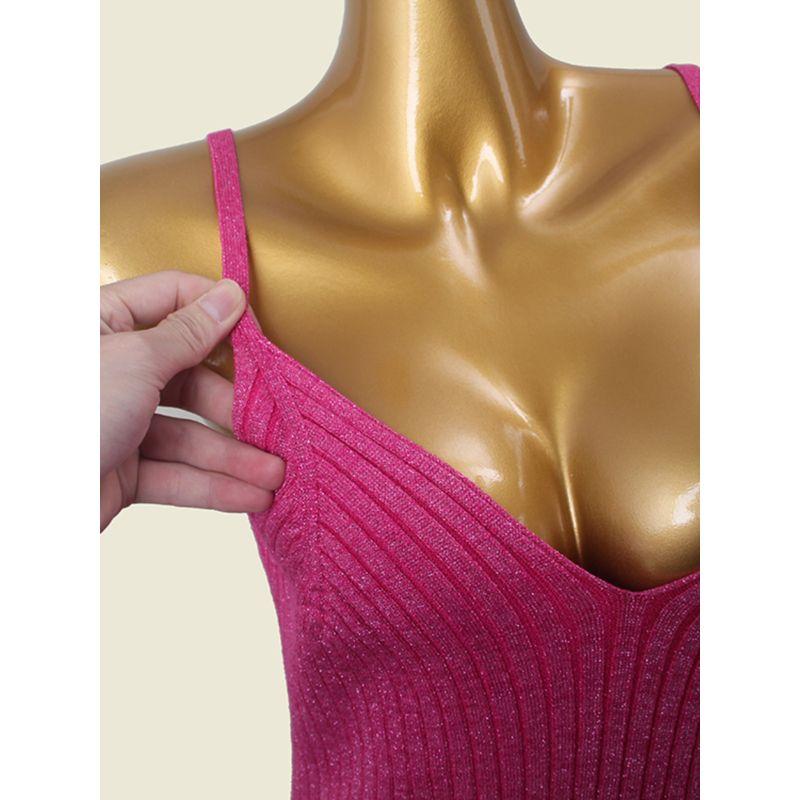 Fashion Style Export Women's New French V-neck Brace Rib Dress Gold and Silver Silk Open Back Sheath Skirt