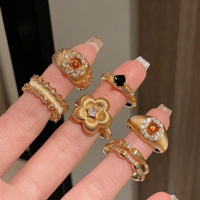Flower Antique Vintage Brushed Tiger'S Eye Stone Open Ring Niche Retro High-End Accessories Women