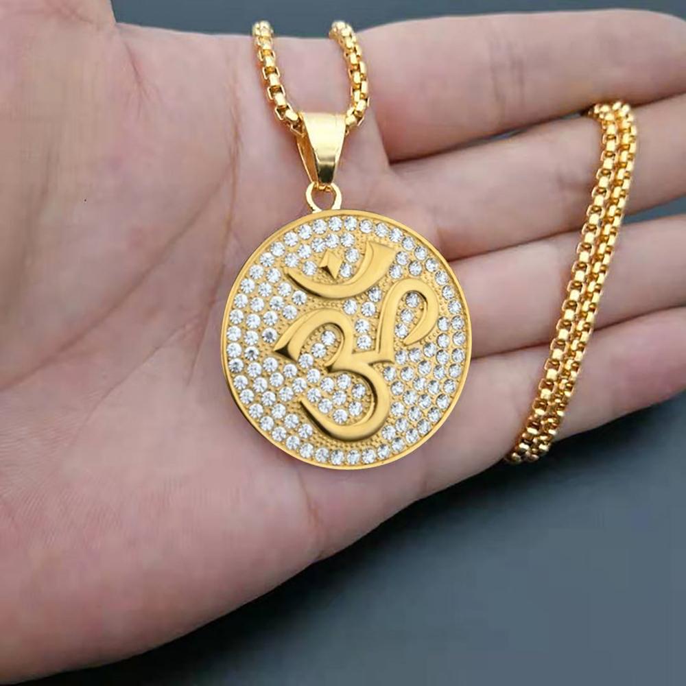 Hip Hop Iced Out Bling Buddhist Yoga Pendant Gold Color Stainless Steel OHM Hindu AUM OM Round Necklaces for Men Jewelry Gift
