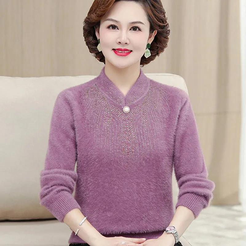 Mother's Clothing Autumn and Winter Mink Plush Sweater Middle-aged Women's Warm Top Middle-aged and Old Women's Bottom Shirt