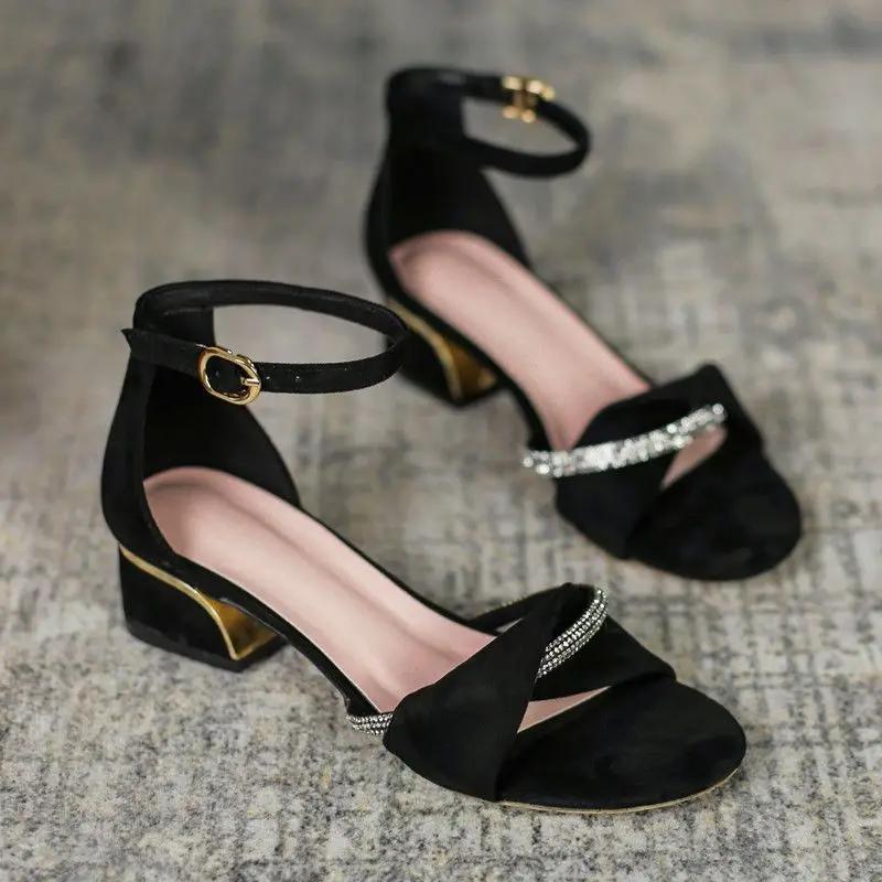 Fashion One Word High Heels with Strap Ladies Shoes Summer 2024 Thick Heel Sandals for Women Footwear Rhinestones Wholesale The Best Vip