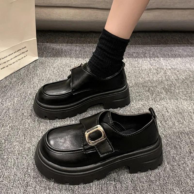 Women's Thick Bottom Slip-On Shoes Spring Autumn New Style Magic Tape Retro Versatile British Style round Toe Flat Heel