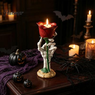 Unique Halloween Decorations Skeleton Hand Rose Candle Holder, Gothic Resin Decorative Ornament Style Table Decor for Home Decor, Dark Romantic