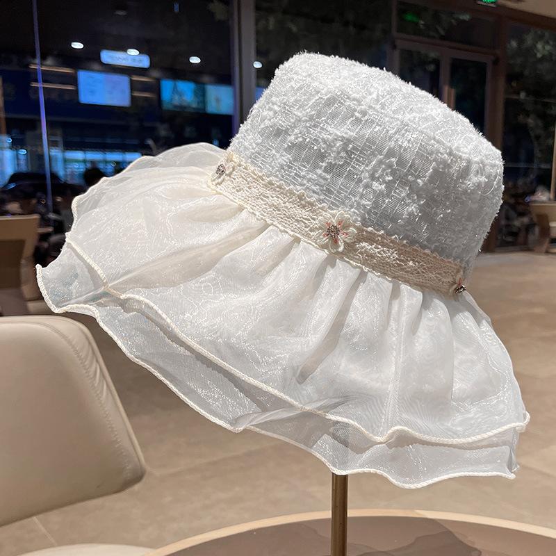 French bright silk flower webbing mesh gauze hat women's spring and summer seaside vacation sunshade sunscreen sun hat empty breathable hat