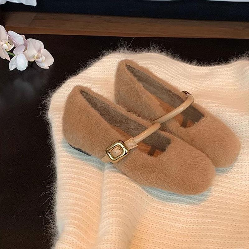 Fashion Women's Ballet Plush Shoes Autumn New Vintage Buckle Strap Mary Jane Shoes Lightweight Comfortable Non Slip Fashion Single Shoes
