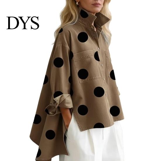 Textured Fabric Shirt Polka Dot Denim for Women Loose Fit Button-Down Top with Casual Outerwear Chest Pockets Oversize Spring Summer Fashionable