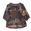 Sommer Damenbekleidung Ethnisch bedruckte Baumwollleinenbluse Top Rundhalsausschnitt Siebenviertelärmel T-Shirts
