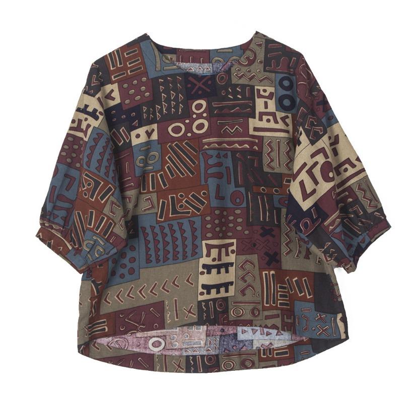 Sommer Damenbekleidung Ethnisch bedruckte Baumwollleinenbluse Top Rundhalsausschnitt Siebenviertelärmel T-Shirts