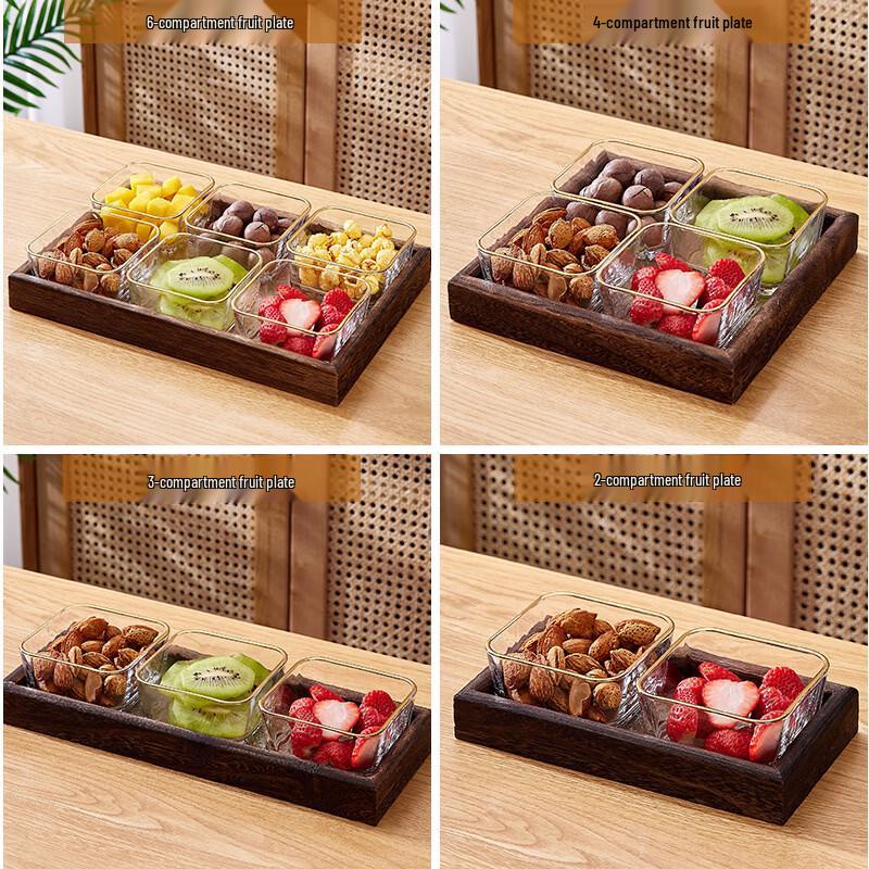 RuHan Gold-Rimmed Glass Fruit Plate Set with Paulownia Wood Tray