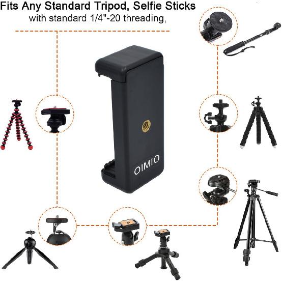 Universal Cell Phone Tripod Mount Adapter, OIMIO Phone Holder Clip Connector Head Used for Monopod Selfie Stick DSLR Travel Mini Flexible Tripod and