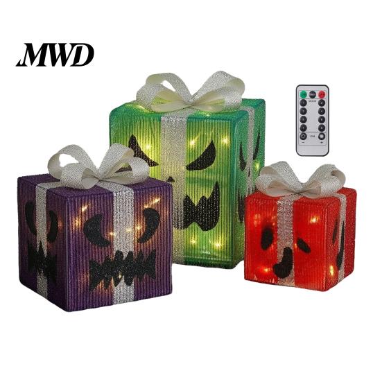 Handmade Pumpkin Face Props 3Pcs Lighted Halloween Gift Boxes, Spooky Glowing Shopping Mall Decor Presents Box, Warm Light Holiday Ornament for Indoor
