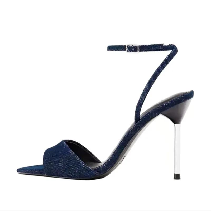 Fashion Denim Blue Thin Heeled Sandals Women Sexy Peep Toe Ankle Strap Buckle High Heels Summer Elegant Pumps Comfort Casual Sandalias