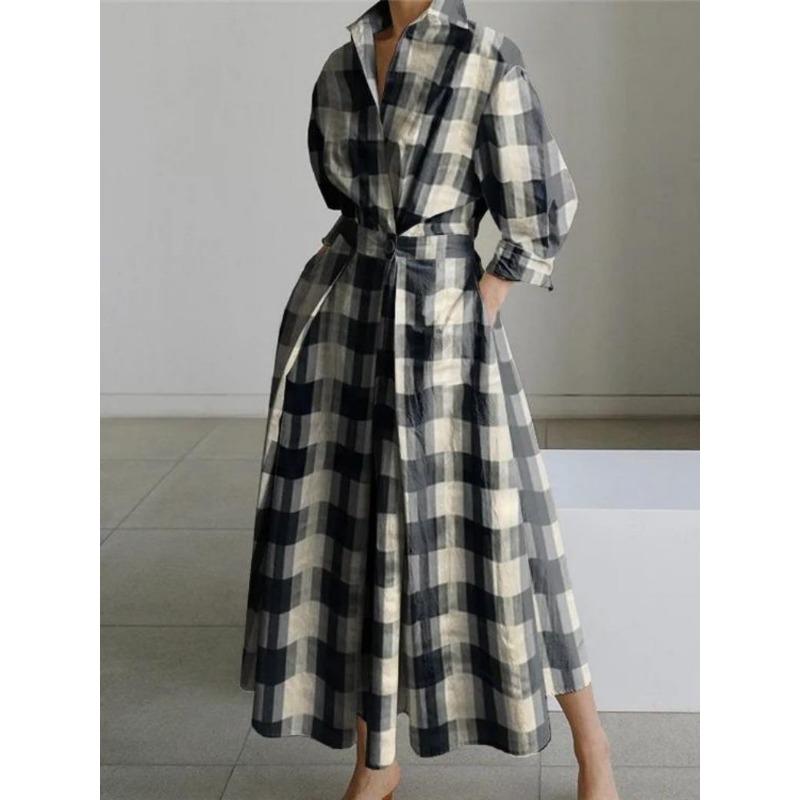 Plus Size Commuter Fashion POLO Neck Lining Long Short Sleeve Loose Pendulum Dress