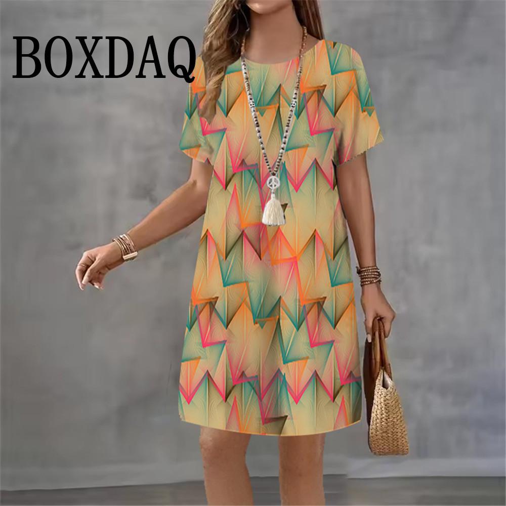 2026 New Women's Dresses Geometric Graphic Abstract Striped Print Elegant Dress Female Summer Loose Short Sleeve Rint Dress