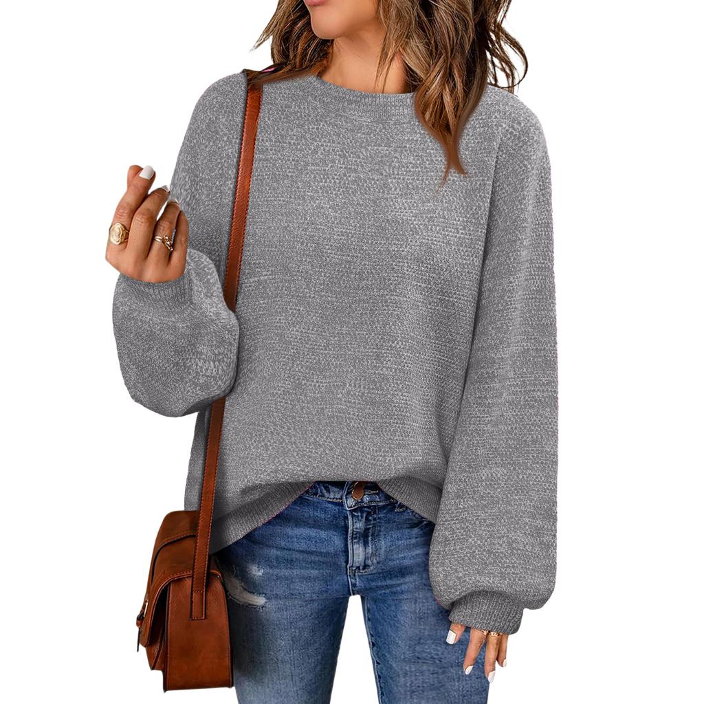 Women's Fashion Round Neck Pullover Sweater Casual Versatile Solid Color Knit Top