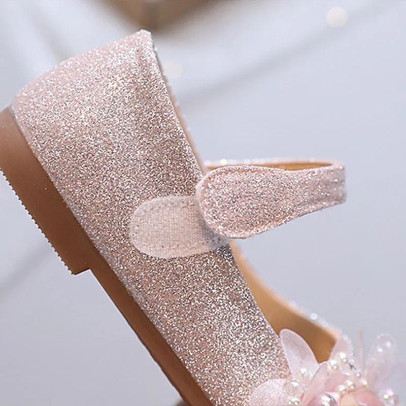 Newest Spring Girls Leather Shoes Children Girl Baby Princess Flowers Sneakers Pearls Diamond Shoes Kids Dance Shoes I07162
