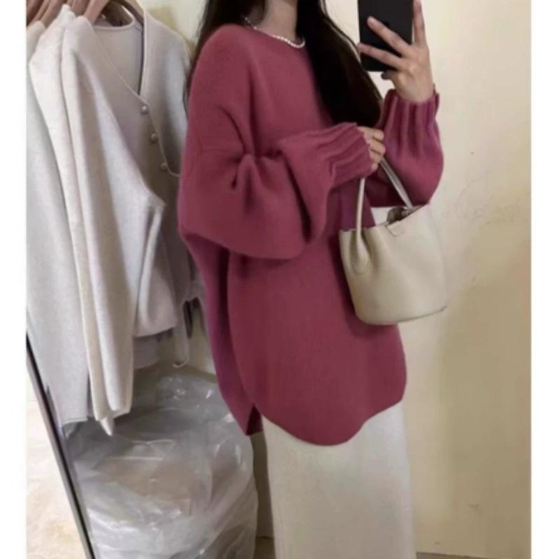 Crew neck retro cuff pleated knitted sweater women's autumn and winter new versatile loose soft waxy solid color pullover sweater