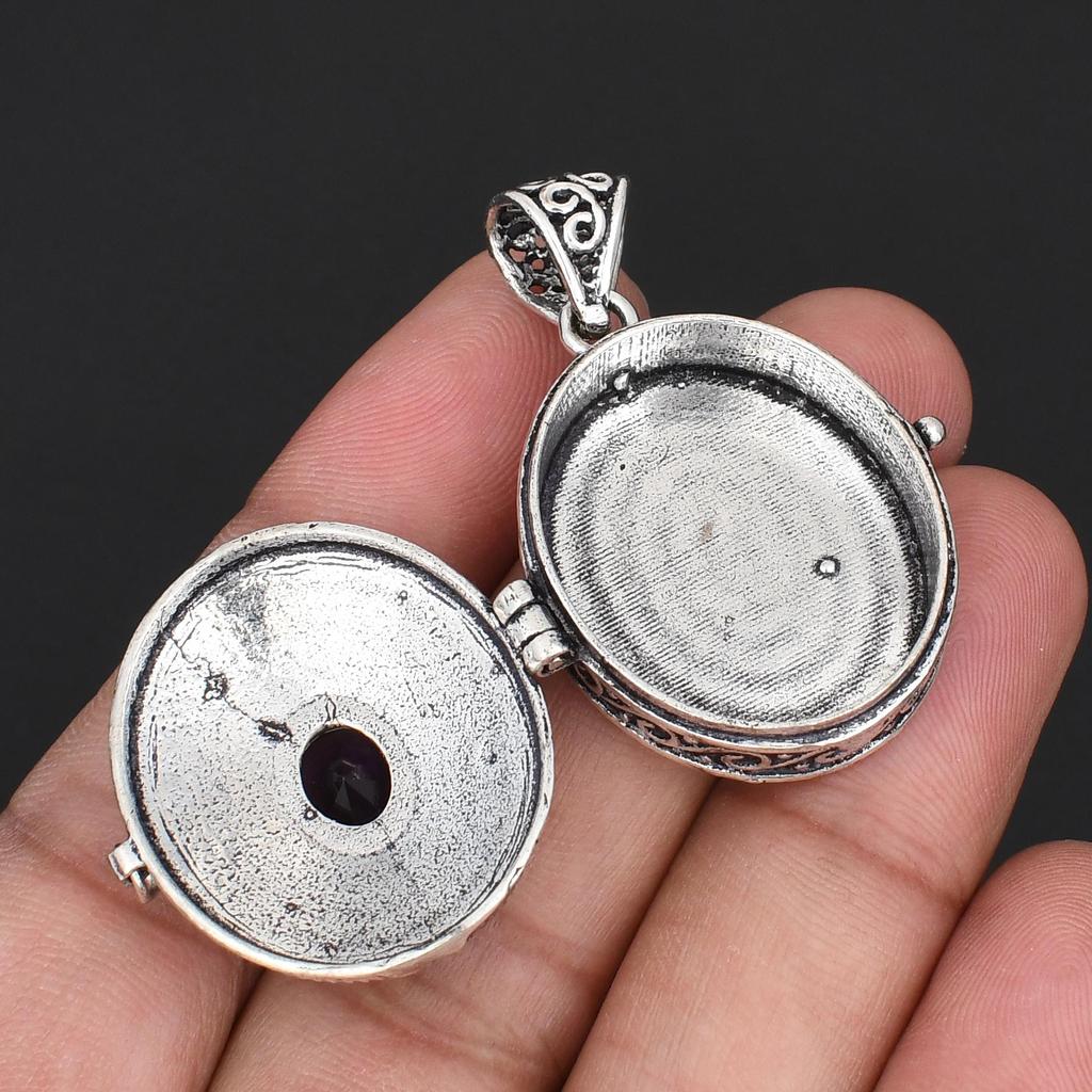 Vintage Oxidized Silver Round Locket Pendant with Purple Amethyst Gemstone  Intricate Filigree Swirl Design, Boho Ethnic Style Jewelry