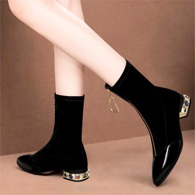 New Large Size Women's Autumn Pointy Toe Black Boots Diamond with Leather Splicing Leather Zipper Ankle Boots D338