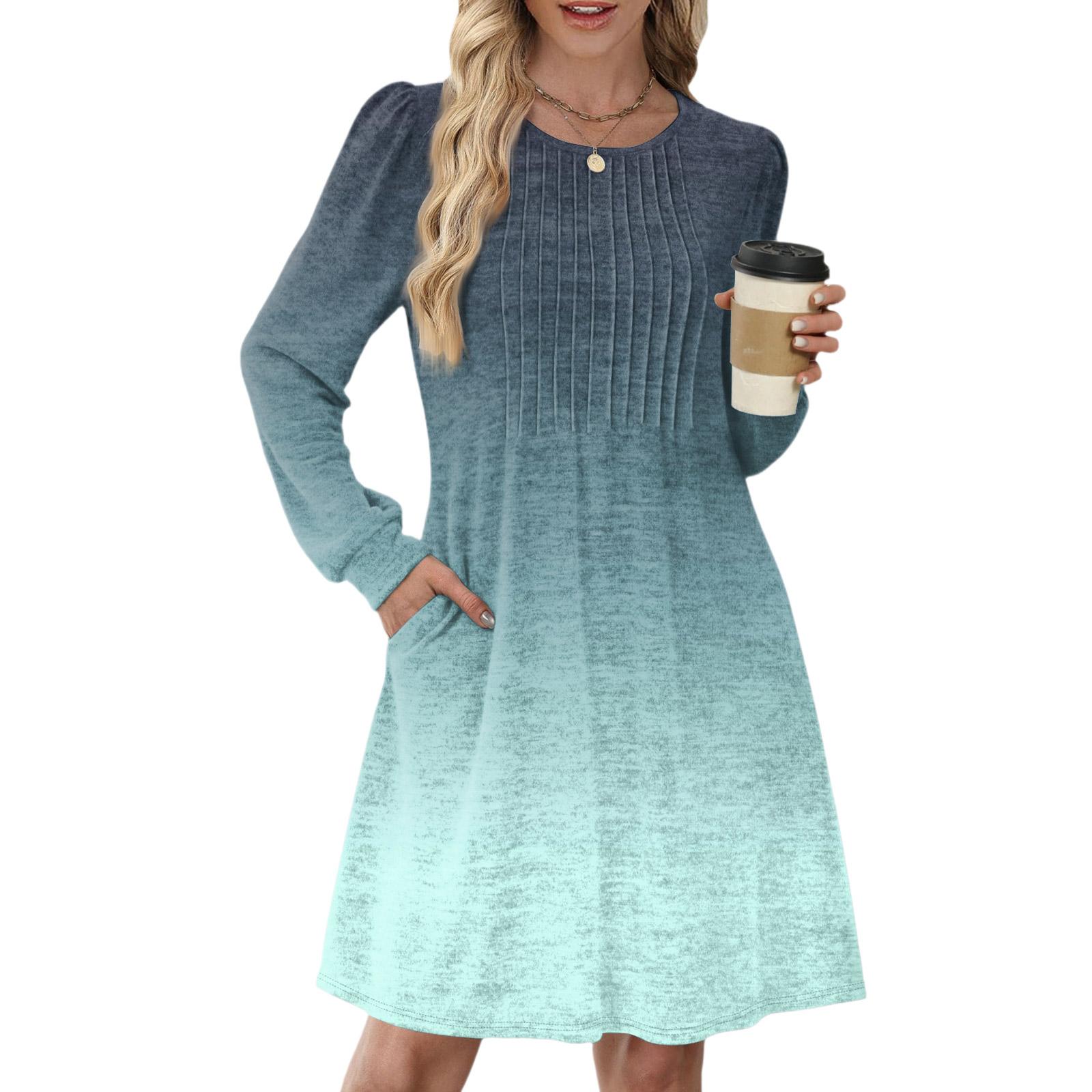 

Женское повседневное платье с длинным рукавом, плиссировкой, круглым вырезом, градиентным принтом и карманами S зелёный