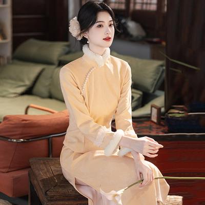 Yellow Winter Clothing Velvet National Style New Chinese Long-sleeved Improved Cheongsam Winter Thick Young Women's High-end Sense