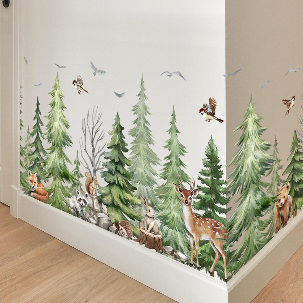 Safari Forest Animal Wall Stickers Deer Squirrel Bear Pine Tree Wallpaper for Kids Room Bedroom Nursery Decor