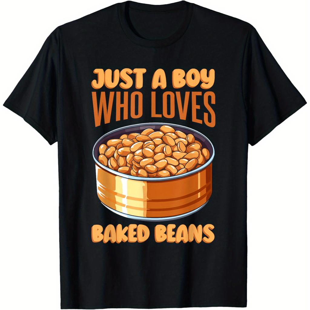 Just A Boy Who Loves Baked Beans Graphic Tee Casual Cotton Short Sleeve Tshirt For Men