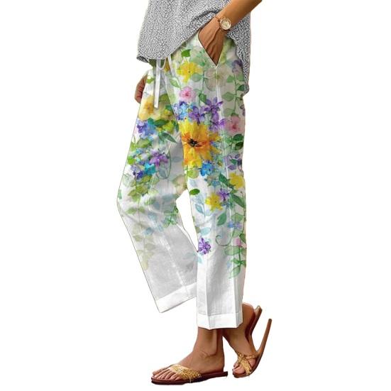 

Women Pants Adjustable Drawstring Mid-Waist Wide Leg Trousers with Pockets Loose Fit 3D Digital Print Long Pants Daily Wear S F