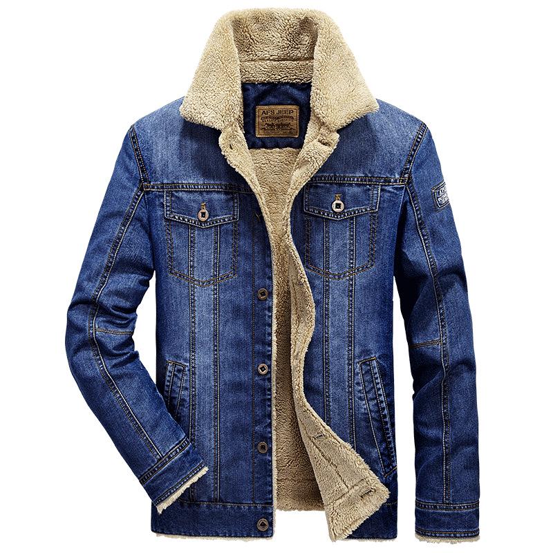 Men's American-Style Casual Denim Cotton Jacket with Plush Lining, Loose Fit, Thickened for Cold Weather.
